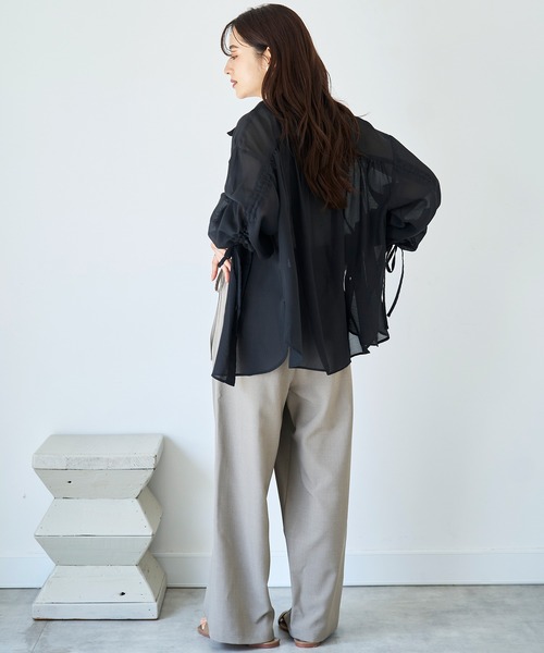 mil ブラウス シャツ 袖シャーリングシャツ 「ストライプ/無地