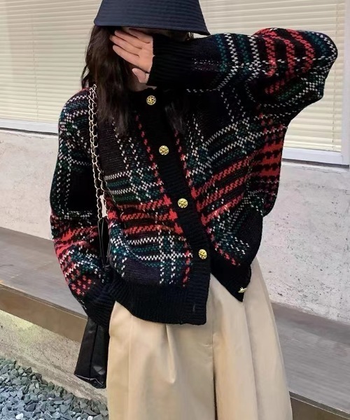 Diosfront カーディガン チェック柄ニットカーディガン レディース