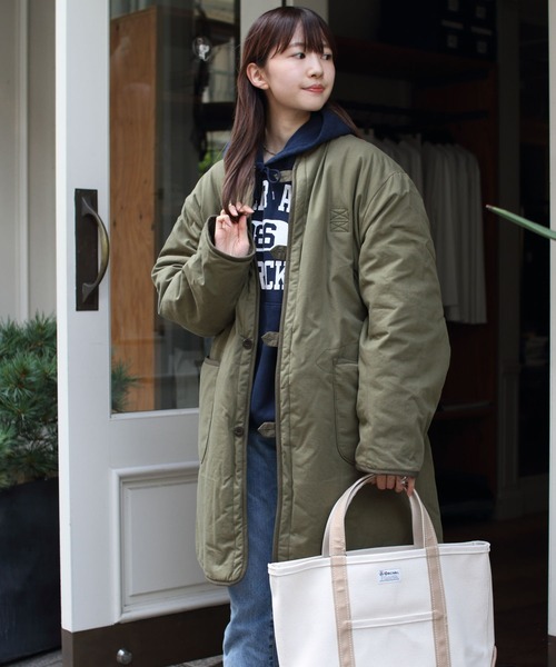 「ARMY TWILL」 ノーカラーコート M カーキ レディース_画像2