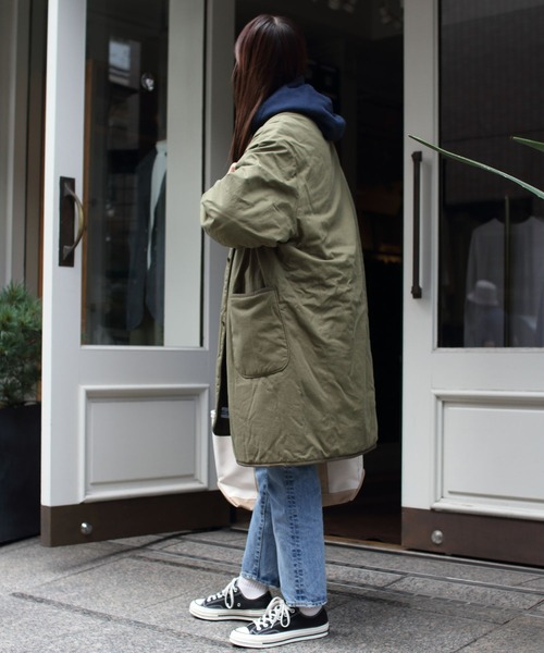 「ARMY TWILL」 ノーカラーコート M カーキ レディース_画像4