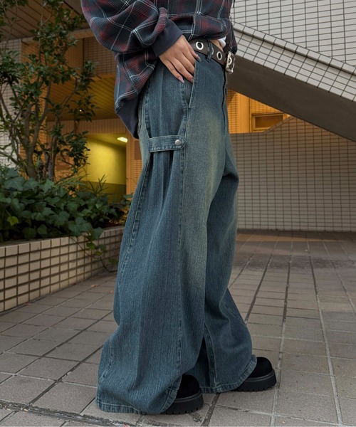 ワイドパンツ ジーンズ サイドタブヒッコリーデニム メンズ レディース