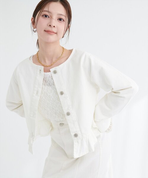 美品☆ドゥロワー2024FALL1 デニムペプラムノーカラージャケット natural couture デニムジャケット gジャン ノーカラーペプラムデニム