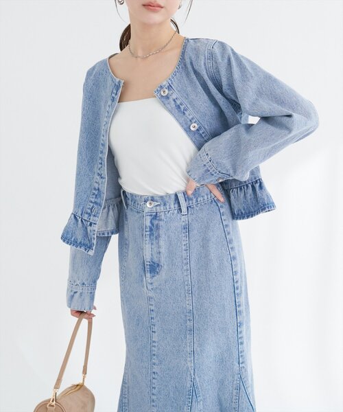 natural couture デニムジャケット gジャン ノーカラーペプラム natural couture デニムジャケット gジャン ノーカラーペプラム