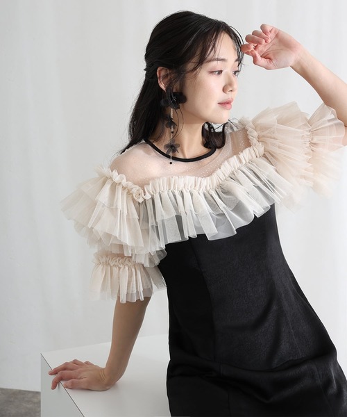 ドレス ミモレ丈＆袖ありフォーマルヴィンテージ風サテン背面ゴムクラシカルラメドットセレモニー結婚式二次会パーティードレスオケージョンドレス同窓会成人式