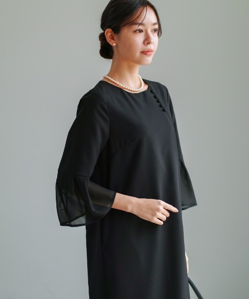 ワンピース 卒業式 喪服・礼服「洗えるフォーマル」フロント開き・フレアシフォン袖ワンピース_2