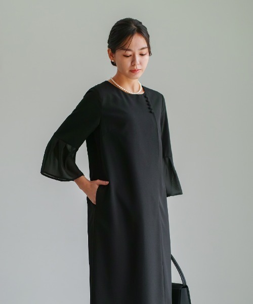 ワンピース 卒業式 喪服・礼服「洗えるフォーマル」フロント開き・フレアシフォン袖ワンピース_3