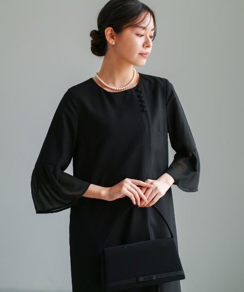 ワンピース 卒業式 喪服・礼服「洗えるフォーマル」フロント開き・フレアシフォン袖ワンピース_5
