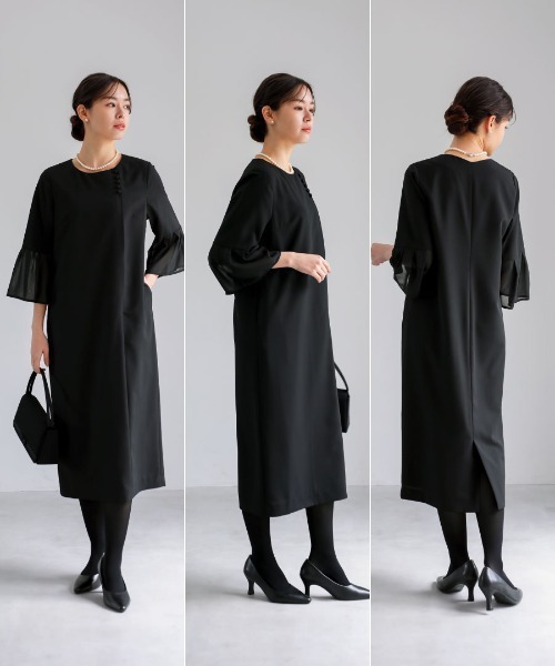 ワンピース 卒業式 喪服・礼服「洗えるフォーマル」フロント開き・フレアシフォン袖ワンピース_11