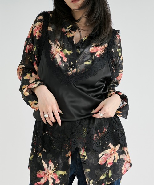 Ezick ブラウス シャツ Flower waist mark sheer shirt / ウエスト