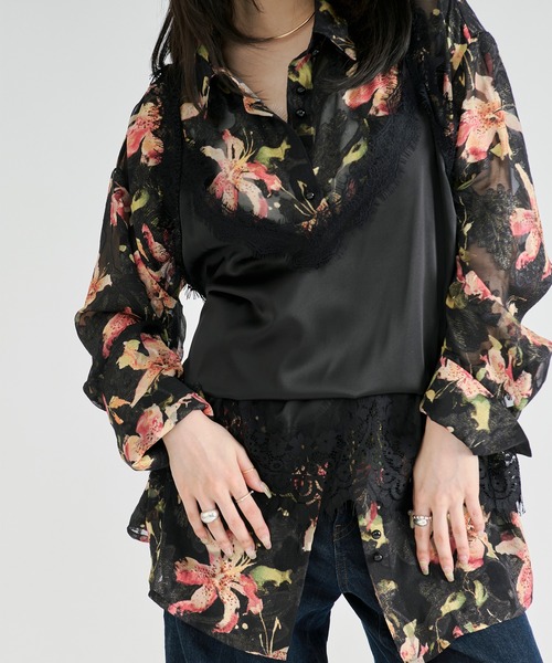 Ezick ブラウス シャツ Flower waist mark sheer shirt / ウエスト