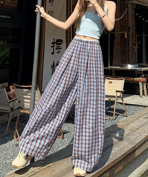 ワイドパンツ パンツ チェック柄 3Dバナナパンツ レディース