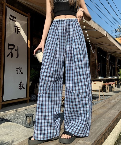 ワイドパンツ パンツ チェック柄 3Dバナナパンツ レディース