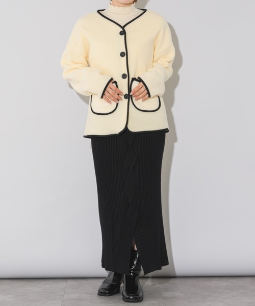 ジャケット ノーカラージャケット ノーカラーボタンボアジャケット