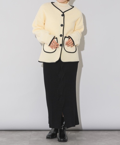 ジャケット ノーカラージャケット ノーカラーボタンボアジャケット