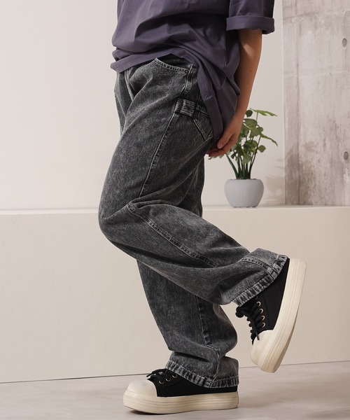 QS86 ペイント加工 グレー ワイドデニムパンツ QS86 ペイント加工 グレー ワイドデニムパンツ - メルカリ