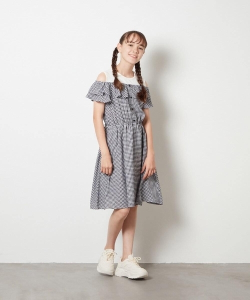 a.v.v ワンピース 「100-130」レイヤード風オフショルワンピース