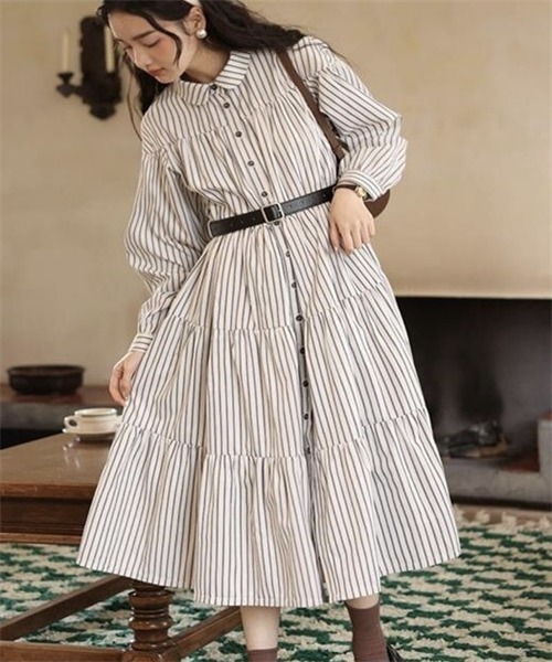 超美品 KIMIJIMA BOUTIQUE フリル ストライプ シャツワンピース Dream garden シャツワンピース ストライプ柄ティアードシャツ