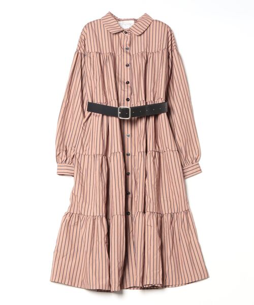 新品 ストライプ ピンク シャツワンピース ベルト付き 清楚 上品 ロングワンピ Dream garden シャツワンピース ストライプ柄ティアードシャツ