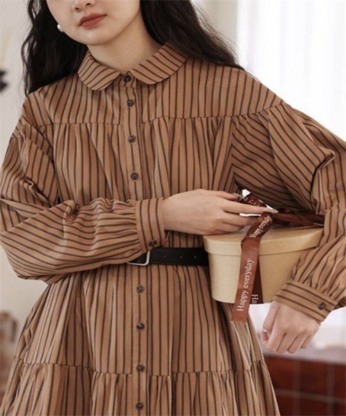 ★ChicLine★ メルス シャツストライプベルトワンピース ベルト付き地雷シャツワンピース – Belchic