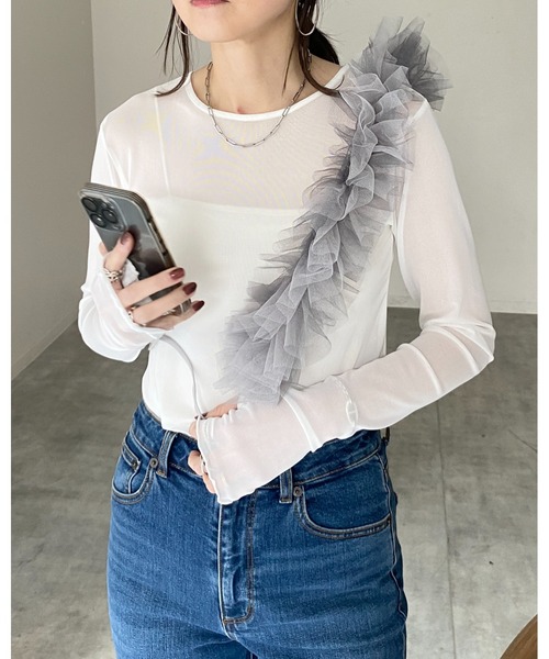 herin フリル付きストラップ グレー・ピンク She's Closet チュールフリルスマホ携帯ショルダーストラップ