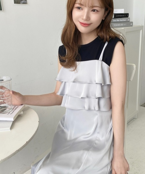 SinceThen大人可愛いフリル×キャミワンピース ショート フリルリボンショート丈トップスXキャミワンピースセットアップ