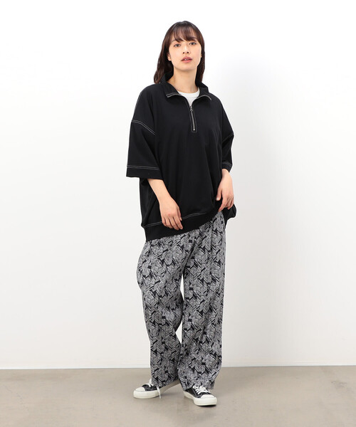 tシャツ 「撥水/伸縮性」ORANGE LABEL / ハーフジップ ノーカラー ピステ レディース Purple&Yellow tシャツ カラーステッチ半袖ハイネックハーフ