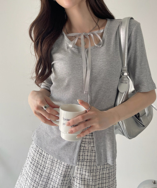 tシャツ サテンスムースT レディース Ada. tシャツ サテン リボン バレエコアデザイン Tシャツ