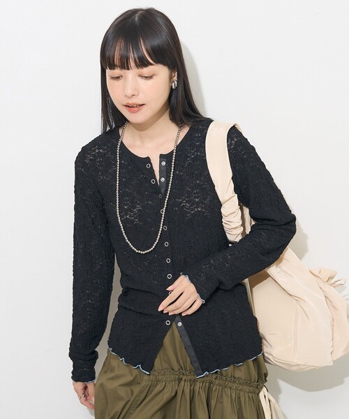 FREAK'S STORE カーディガン フラワーストレッチ レース配色