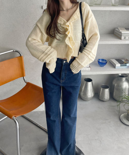 Ada. カーディガン フリルカラーホックデザイン ニットカーディガン