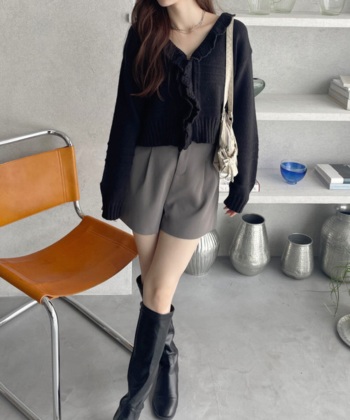 Ada. カーディガン フリルカラーホックデザイン ニットカーディガン