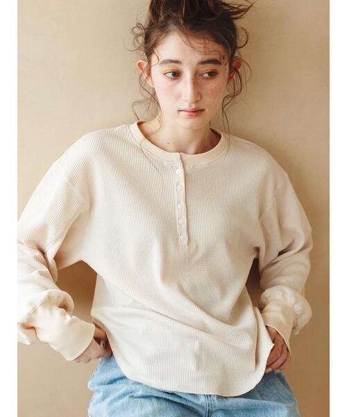 Deuxieme Classe ヘンリーネックカットソー　ワッフル　ホワイト so4u tシャツ ワッフルヘンリーネックカットソー レディース