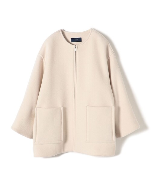 美品 SHIPS シップス ノーカラー ショートコート ウール ベージュ M SUPER140ノーカラーショートコート | シップス(SHIPS