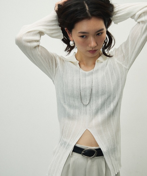 最新CC ニットトップス ニット セーター Center Slit Sheer Rib Polo Collar Top