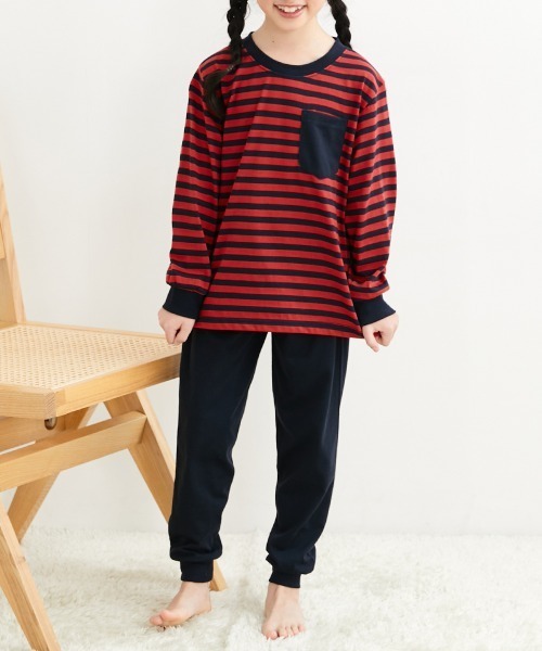 Marimekko 赤と黒の長袖パジャマ パジャマ 先染め天竺ボーダー長袖ルームウェア キッズ 子供 男の子