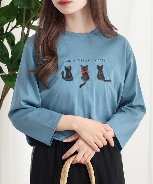 tシャツ BRODIAEA スパンコール ネコデザインカットソー レディース