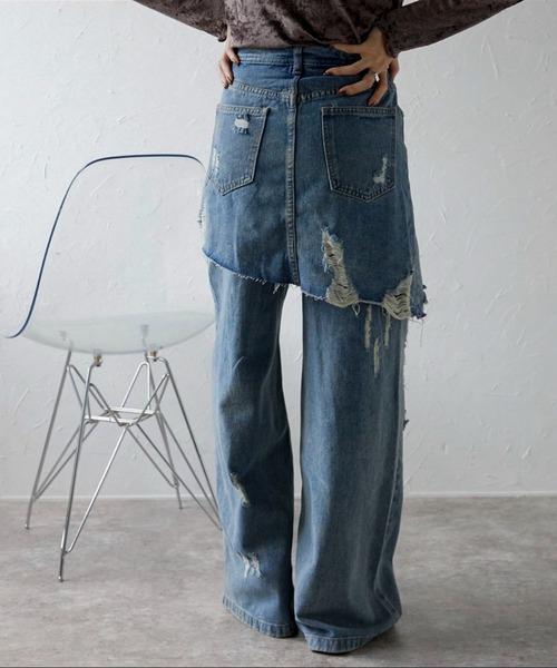[ap retro] повреждение обработка Denim брюки LARGE голубой женский 