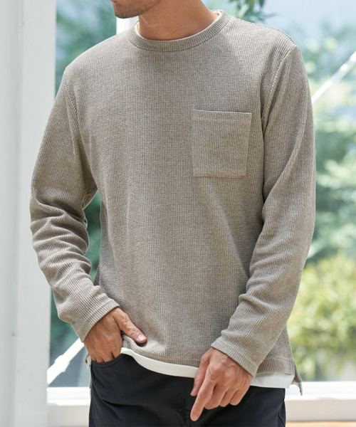 イック ikka（イッカ） tシャツ メランジワッフルポケフェイクロンT メンズ