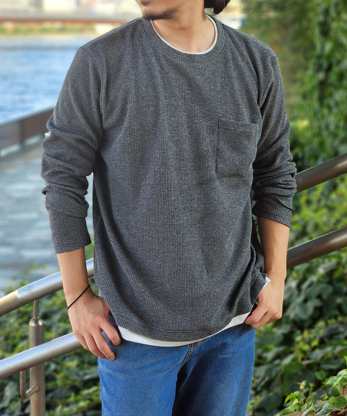 ikka（イッカ） tシャツ メランジワッフルポケフェイクロンT メンズ