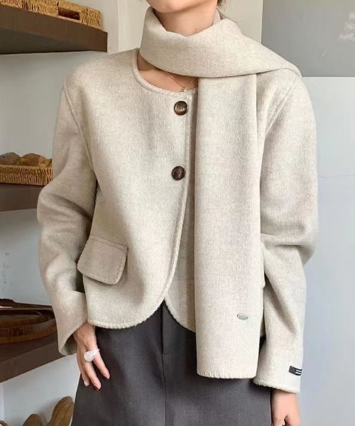 sorule ノーカラーコート コート ステッチアクセントマフラー付き