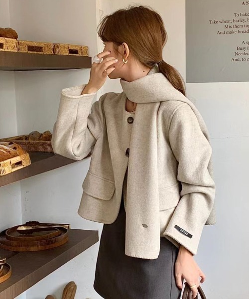 sorule ノーカラーコート コート ステッチアクセントマフラー付き