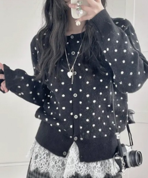 ニット セーター ドット柄 クルーネック ニットカーディガン