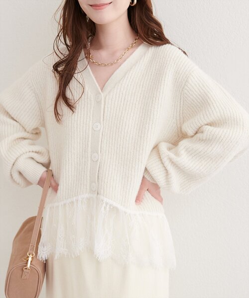 natural couture ニット セーター 裾レースカーディガン レディース
