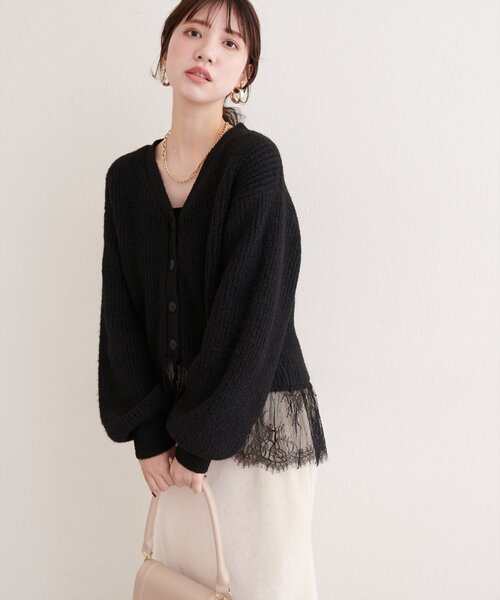 natural couture ニット セーター 裾レースカーディガン レディース