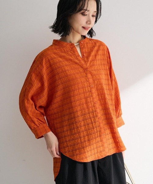 Thelmaオレンジチェック柄 シアーシャツ 長袖 Green Parks（グリーンパークス） ブラウス シャツ シアーチェック7分