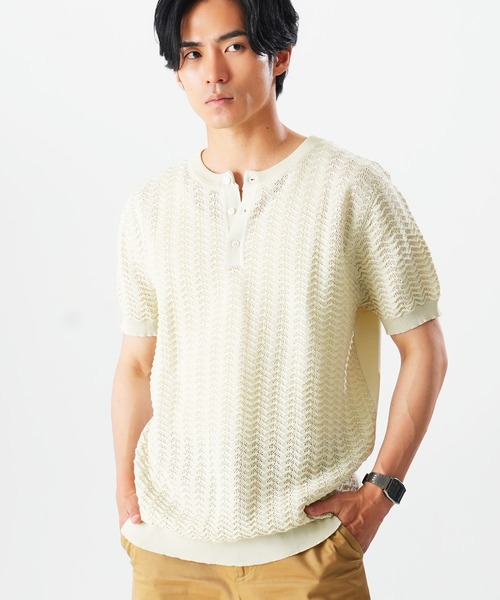 Beno（ビーノ） ヘンリーネック tシャツ 透かし編み ヘンリーネック