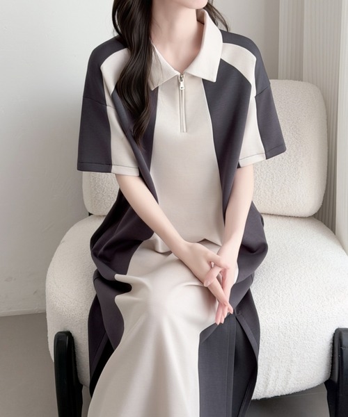 ABITOKYO（アビトーキョー） ワンピース 半袖 ハーフジップバイカラー