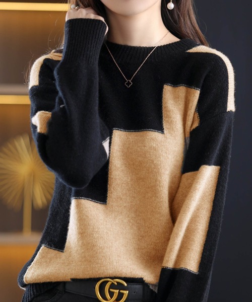 deux amour ニット セーター バイカラー切り替え長袖ニット レディース