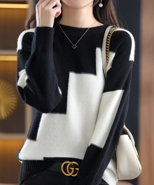 deux amour ニット セーター バイカラー切り替え長袖ニット レディース