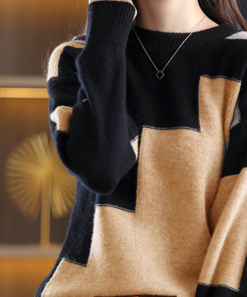 deux amour ニット セーター バイカラー切り替え長袖ニット レディース