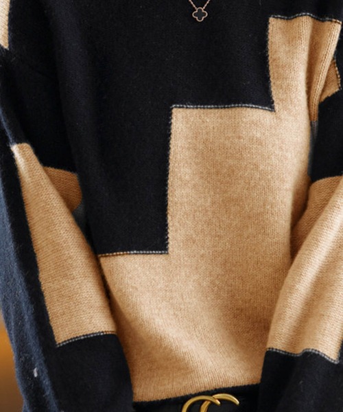 deux amour ニット セーター バイカラー切り替え長袖ニット レディース